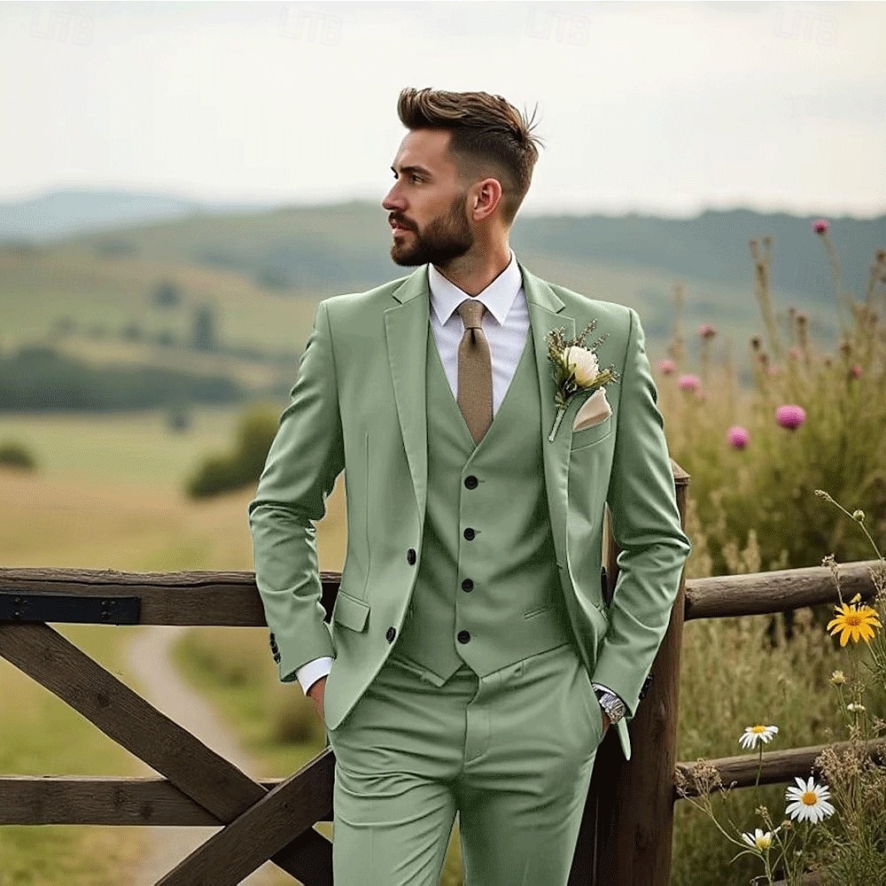 Costumes de mariage pour hommes Affaires Noire Sauge Mode Formelle Été Couleur unie Coupe standard 3 pièces Simple bouton Deux boutons de 2025 ? $136.99 –P5