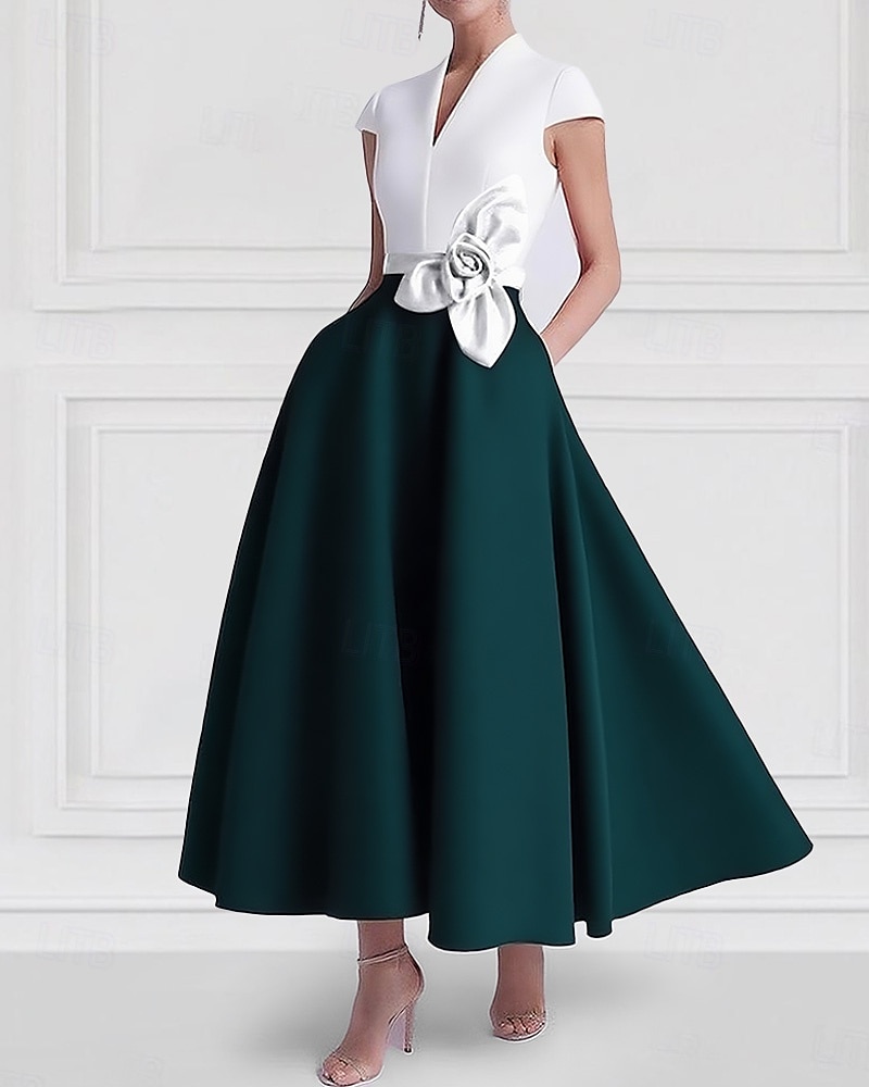 А-силуэт До щиколотки коктейльные платья Платья для вечеринок Элегантный стиль Цветовые блоки Шелковистость С короткими рукавами V-образный вырез Официальные Свадьба Карман Сатин с Карман 2025 - $139.99 –P4