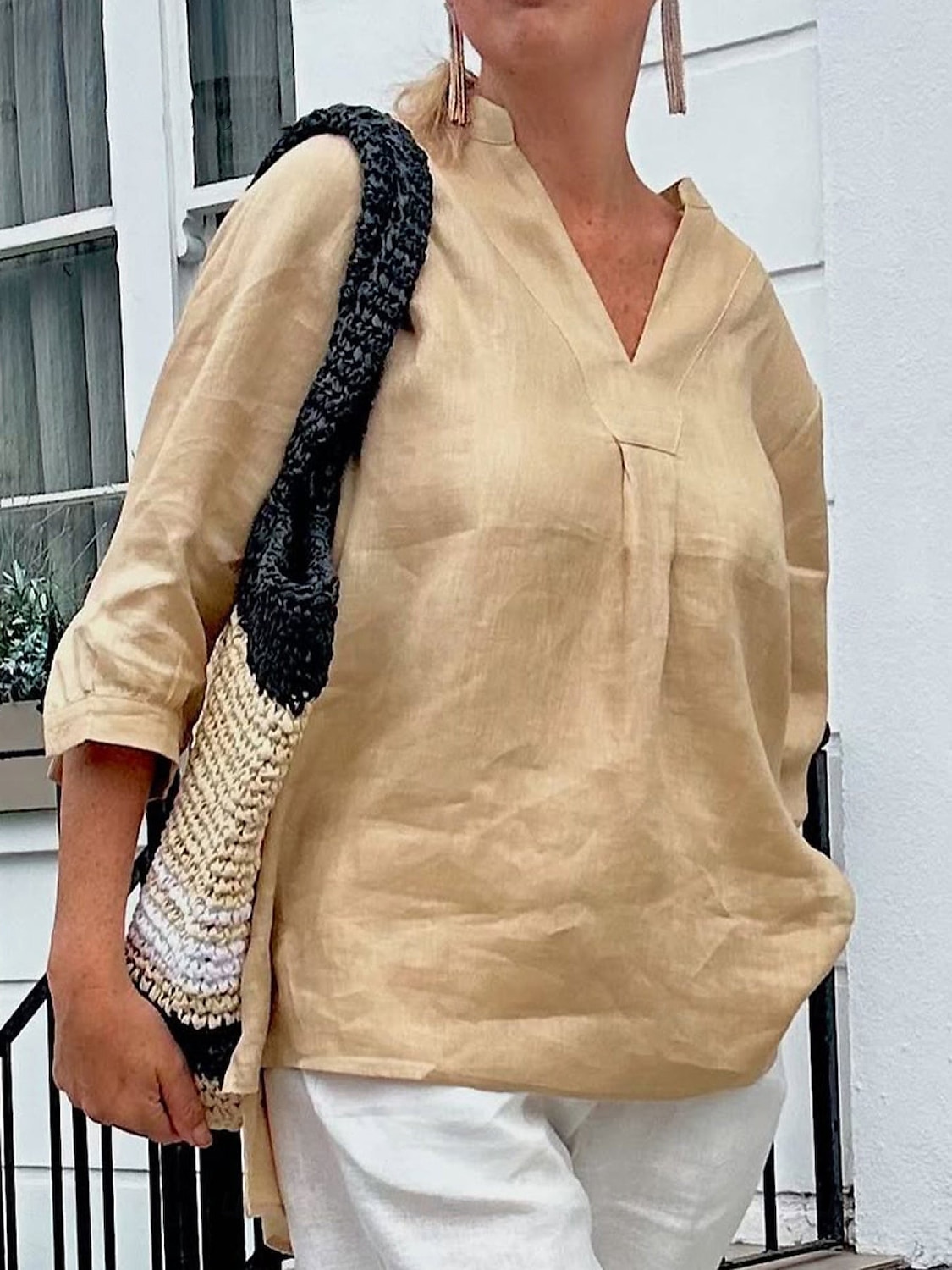 Dame Bluse Helfarge Elegant Fritid Langermet V-hals Vanlige topper Daglig Ferie Knapper Hvit Rosa Blå Kakifarget Vår Høst 2025 - $26.99 –P1