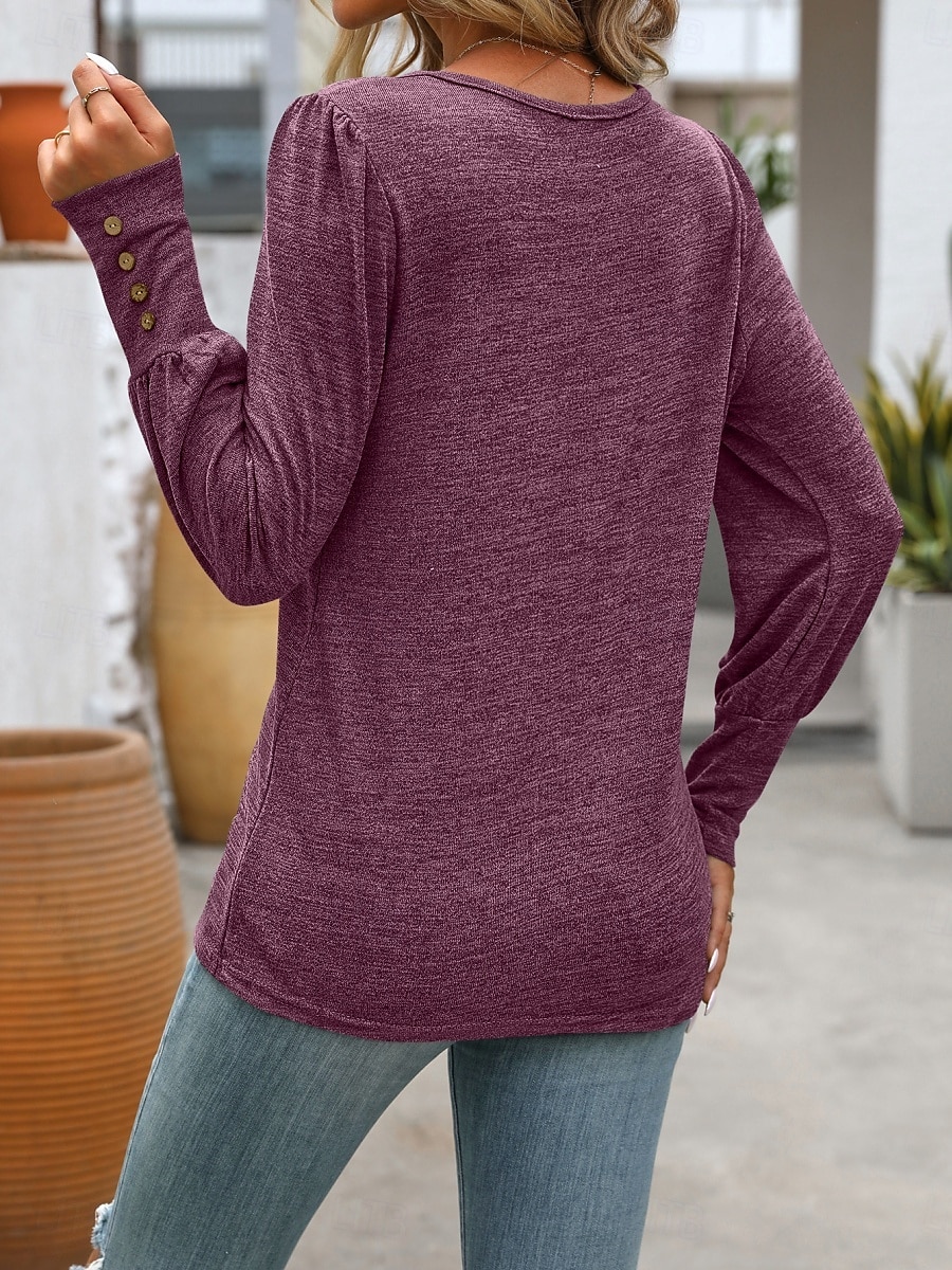 Dame Bluse Helfarge Stilfull Fritid Langermet Crew-hals Vanlige topper Daglig Knapper Svart Blå Fuksia Grønn Kakifarget Sommer Vår 2025 - $19.99 –P26