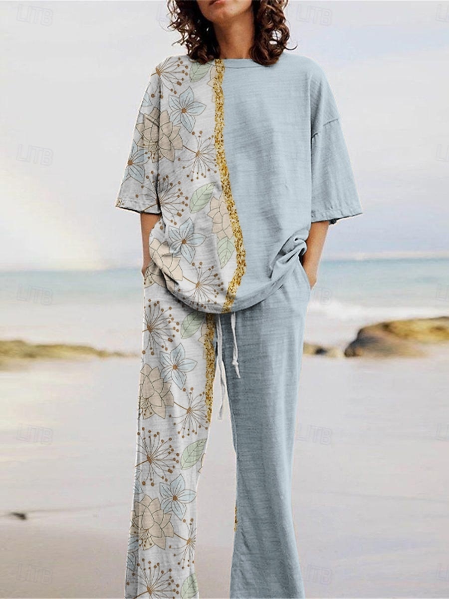 Damen Hosen-Sets Dreiviertelarm Rundhalsausschnitt Blumen Druck Aktiv Mode Täglich Urlaub Ferien Blau Sommer Normale Passform 2026 - $28.99 –P1