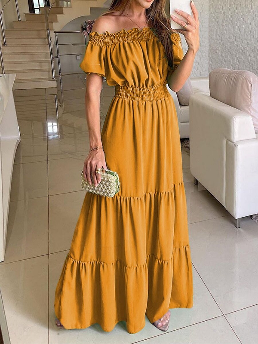 Damen Langes Kleid Maxikleid Cocktailkleid Kleid für Hochzeitsgäste Chiffon Schwingkleid Mode Modern Outdoor Urlaub Täglich Normale Passform Einfach Kurzarm Schulterfrei Gelb Blau Fuchsie Grün Sommer 2025 - $22.99 –P4
