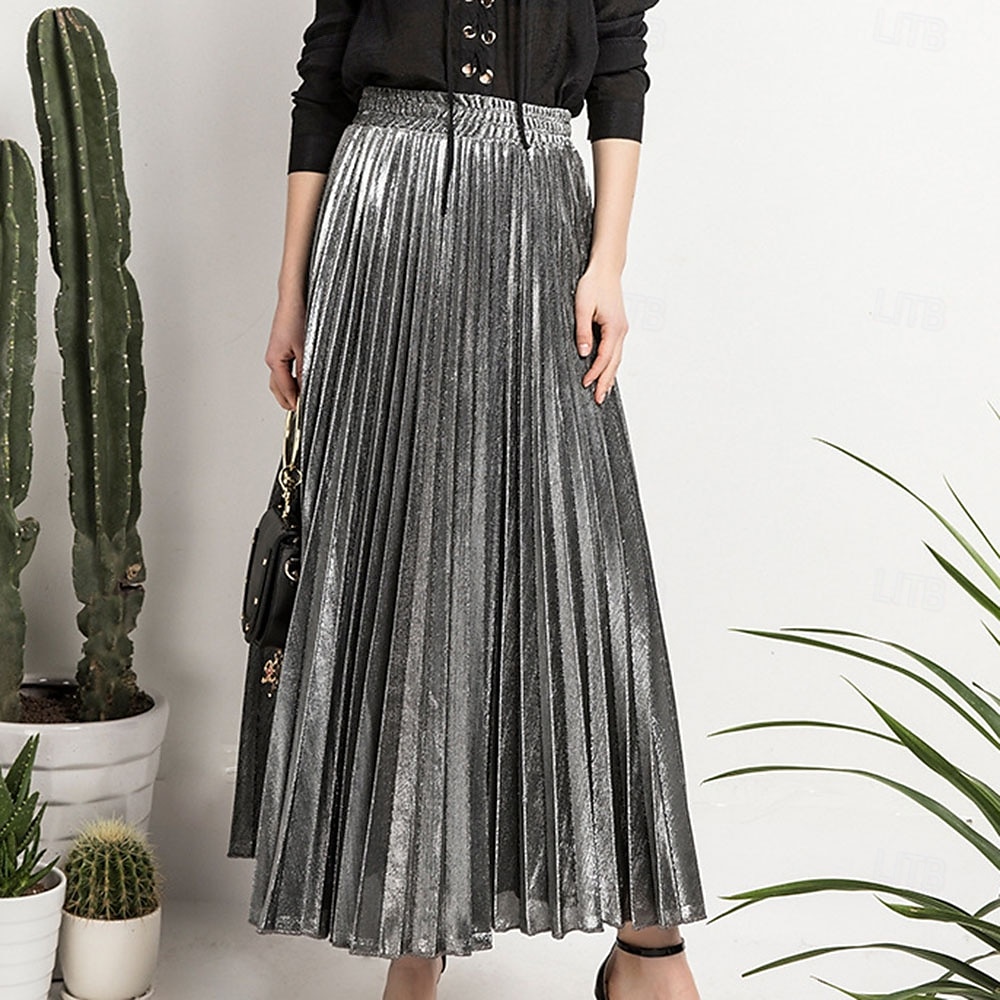Femmes Jupe Mode Occasionnel Maxi Taille haute Jupes Uni Plissé Micro-Élastique Décontracté Quotidien Week-end Argent Noir Dorée Rouge Été Polyester de 2025 ? $19.99 –P6