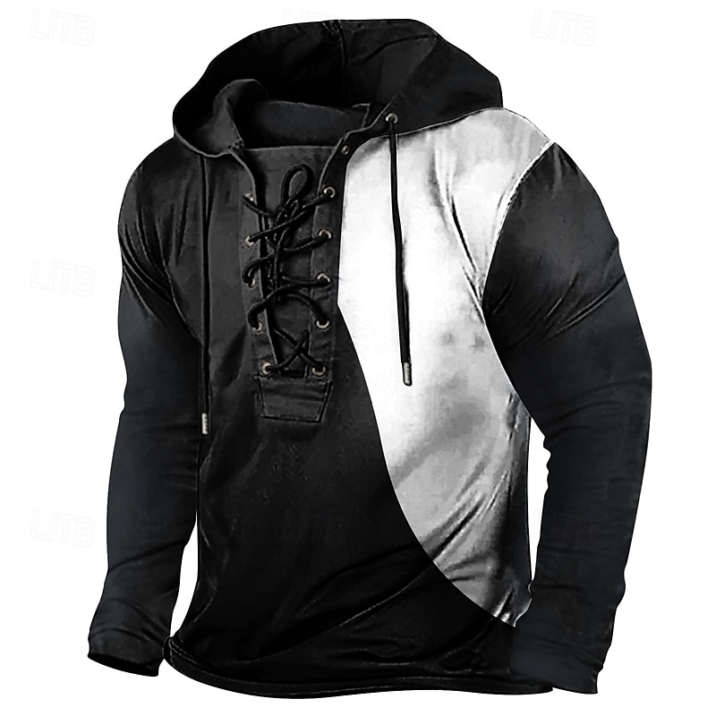 Men's T Shirt Tee Tee Top Long Sleeve Shirt Long Sleeve Hooded Spring Fall Color Block Vintage Designer Basic Lace up Vacation Street Going out Black Red Blue Top Tee for Men 2025 - $36.99 –P5
