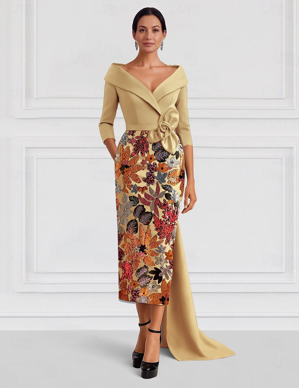 Rochie de seară A-line Negru Elegantă Rochie Formală Nuntă Lungime până la podea Mâneci jumătate Guler cămașă Satin cu Fisura Broderie 2025 - $169.99 –P1