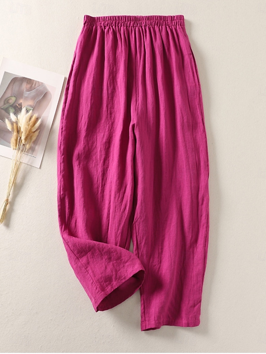 Mulheres Calças de linho de algodão chinês Estilo Étnico Básico Casual Comprimento total Cintura Alta Tecido Bolsos Com Cordão Conforto Exterior Com Stretch Férias Rua Diário Preto Branco fúcsia de 2025 por $39.99 –P2