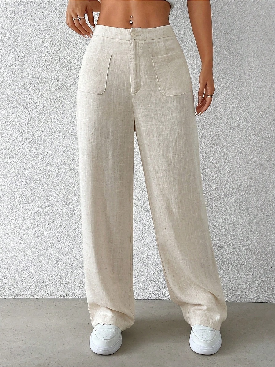 Damen Weites Bein Chinos Mode Basic Lässig Volle Länge Mittlere Taillenlinie Einfarbig Tasche Komfort Außenbereich Unelastisch Urlaub Straße Täglich Schwarz Weiß Blau Aprikose Sommer Frühling Herbst 2025 - $37.99 –P1