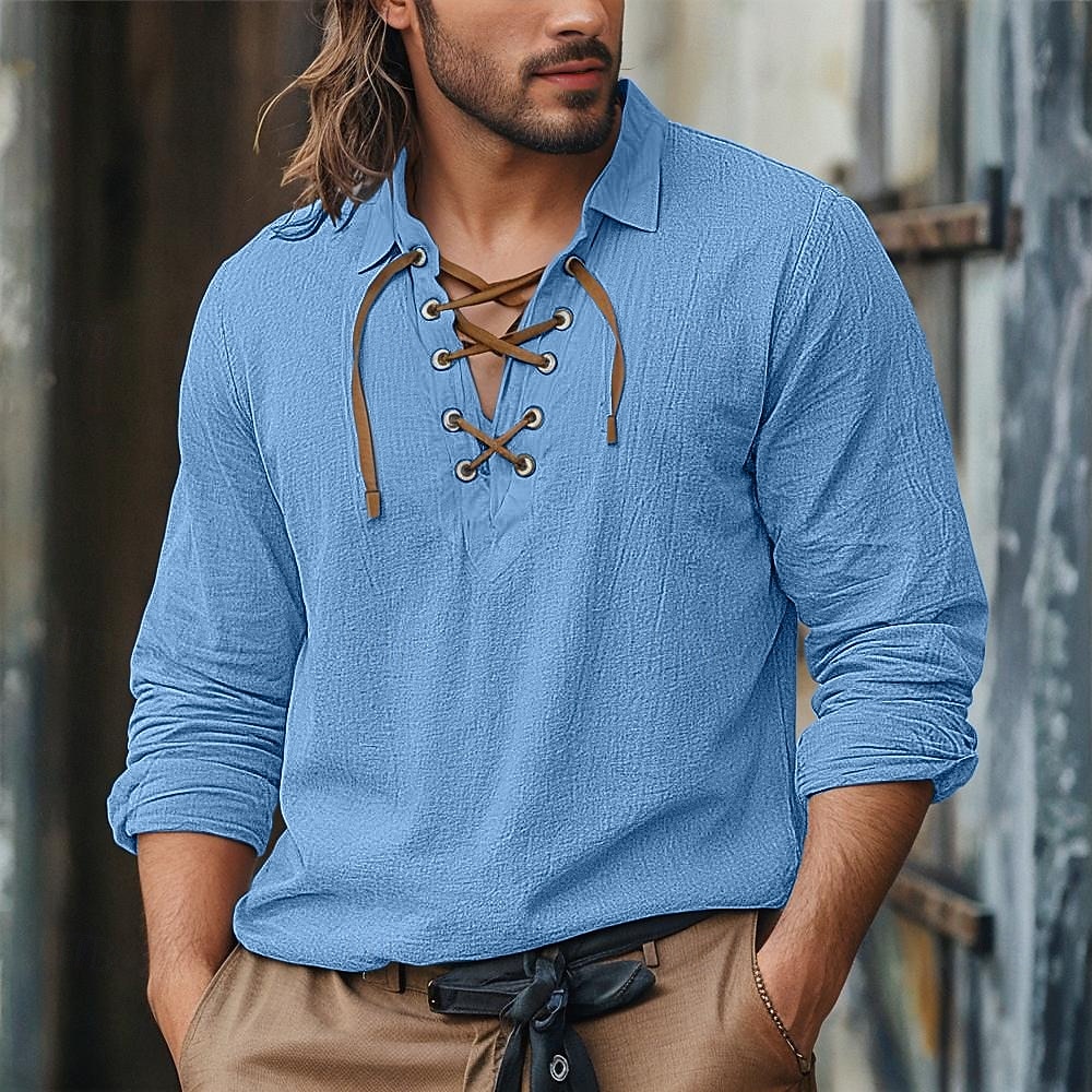 Herren Hemd Leinenhemd Wikinger-Stil Sommerhemd Strandhemd Einfarbig Urlaub Lässig Weiß Blau Orange Grün Langarm Umlegekragen Sommer Frühling Bekleidung Schnürung 2025 - $23.99 –P1
