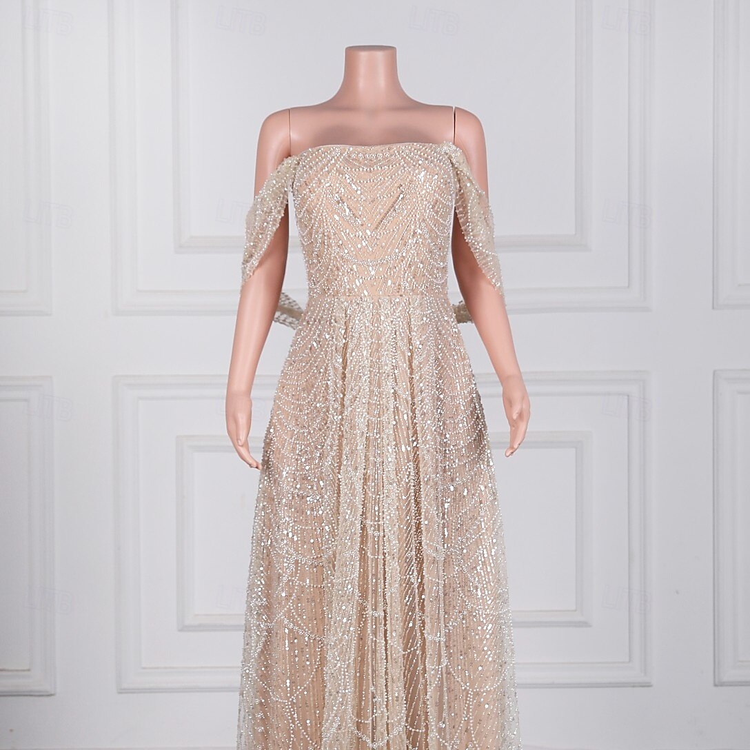 Mermaid / Trumpet Evening Gown Elegant Dress Formal Prom Sweep / Brush Train Sleeveless Off Shoulder Lace with Pearls Sequin 2025 - $271.49 –P1