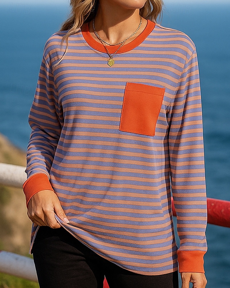 Dam Tröja med pullover Casual Toppar Ficka Långärmad Överdelar Fritids- Höst Rand Mode Utomhus Joggning Löpning Sportkläder Sportkläder Rodnande Rosa Röd Marinblå 2025 - $17.99 –P9