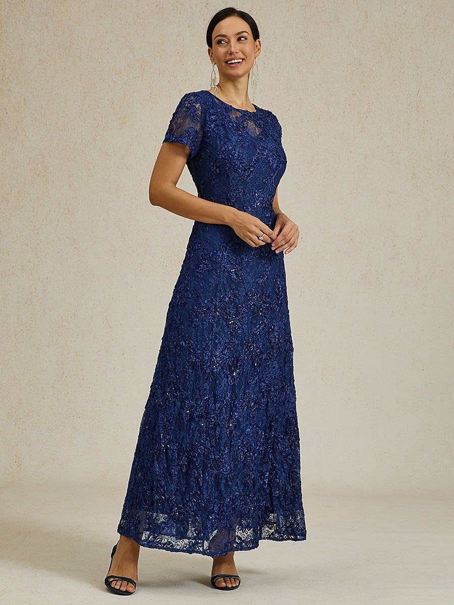 Femmes Robe maxi Robe fourreau Élégant Fête cocktail Coupe régulière Couleur Unie Manche Courte Col ras du cou bleu marine Été Printemps de 2025 ? $129.99 –P1