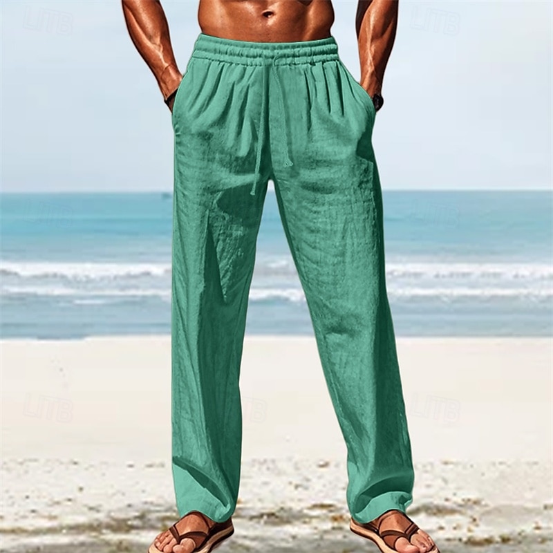 Men's Linen Pants Trousers Summer Pants Beach Pants Pocket Elastic Waist Drawstring Plain Comfort Breathable Vacation Daily Holiday Hawaiian Boho White Dark Red 2025 - $18.99 –P15