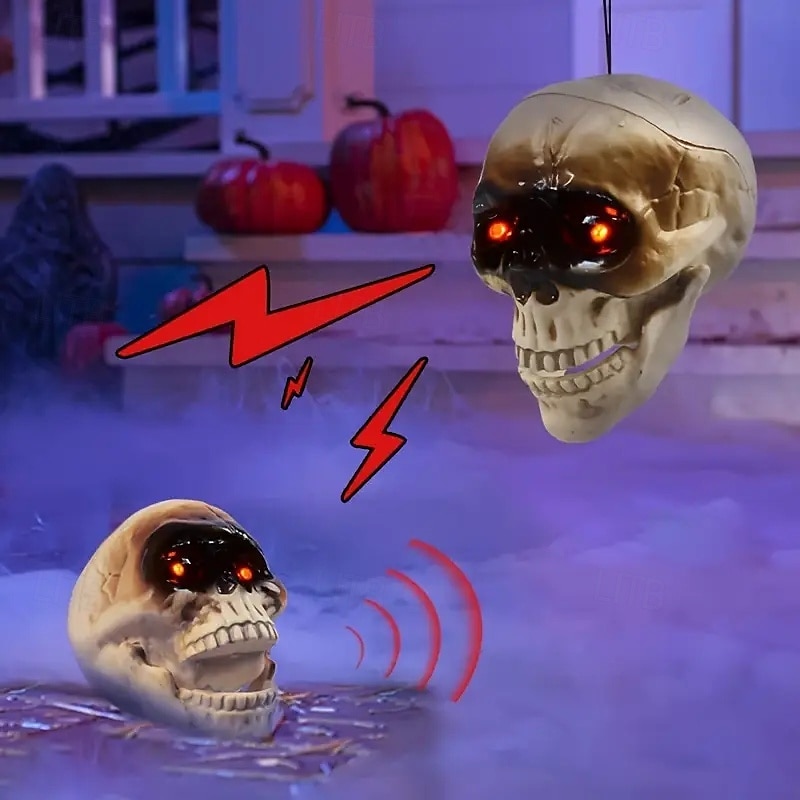2025年 ハロウィーンの電動スカルヘッド。サウンドコントロールセンサーが光り、怖い口が開いていて、いたずらや飾りとして吊り下げられます。  コレクション – $18.99 –P3