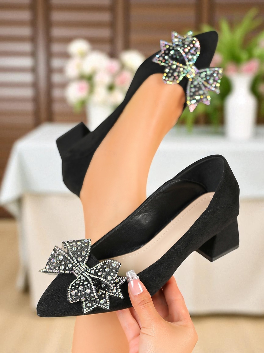 Blauwe fluwelen pumps met blokhak en strass-strik voor dames - elegante vintage pumps met vierkante neus voor avondfeesten, bruiloften en formele gelegenheden 2026 - $42.99 –P4