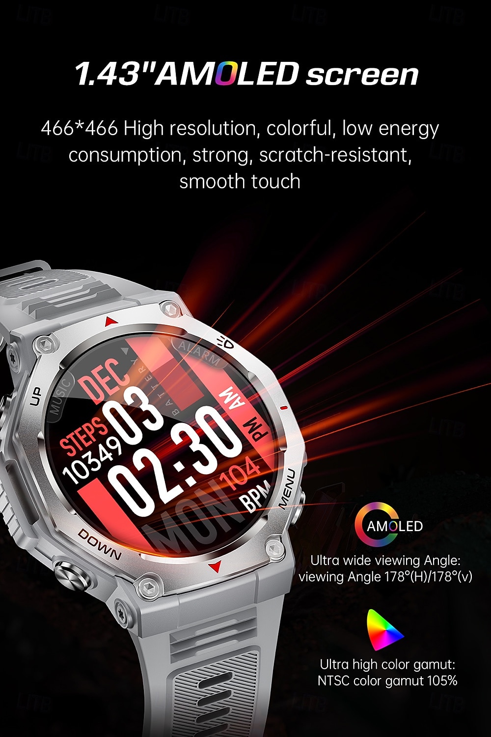 2025年 2025年新型スマートウォッチ（懐中電灯/UVライト付き、5気圧防水、Bluetooth通話、スポーツスマートウォッチ、Huawei Xiaomi対応、メンズ）  コレクション – $44.99 –P5
