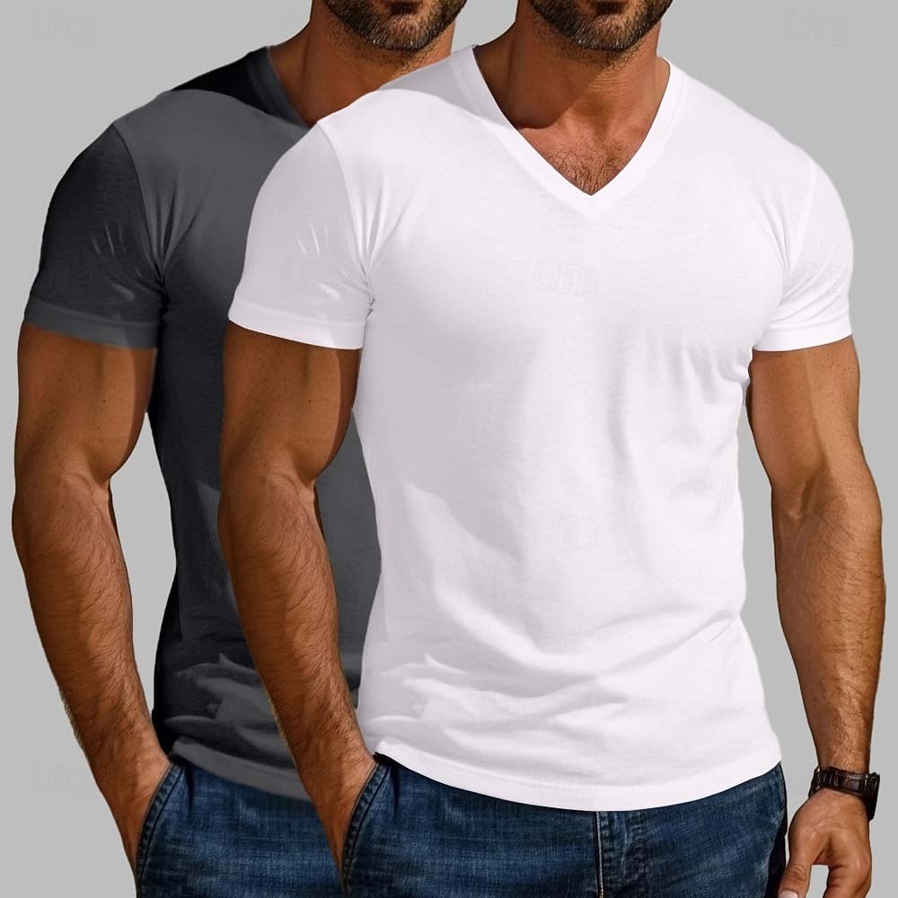 Maglietta da uomo in misto cotone, 2 pezzi, manica corta, scollo a V, estiva, per tutte le stagioni, tinta unita, semplice, stile designer, moderno, contemporaneo, scollo a V, confezione multipla, per vacanze, strada, casual, blu scuro, bianco e blu. del 2026 a $20.99 –P6