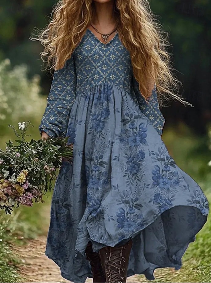 Femmes Robe maxi Robe d'Été Robe Plissée Vacances Occasionnel Boho Sortir Plage Fleuri Graphique Paisley manche longue Col en V Vert foncé Vin Gris foncé Bleu Été Printemps de 2025 ? $35.99 –P1