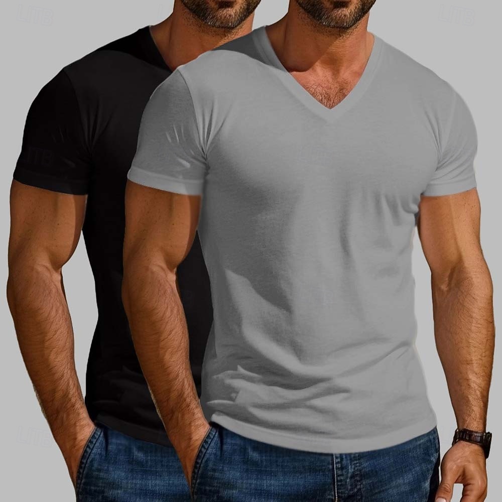 Maglietta da uomo in misto cotone, 2 pezzi, manica corta, scollo a V, estiva, per tutte le stagioni, tinta unita, semplice, stile designer, moderno, contemporaneo, scollo a V, confezione multipla, per vacanze, strada, casual, blu scuro, bianco e blu. del 2026 a $20.99 –P2