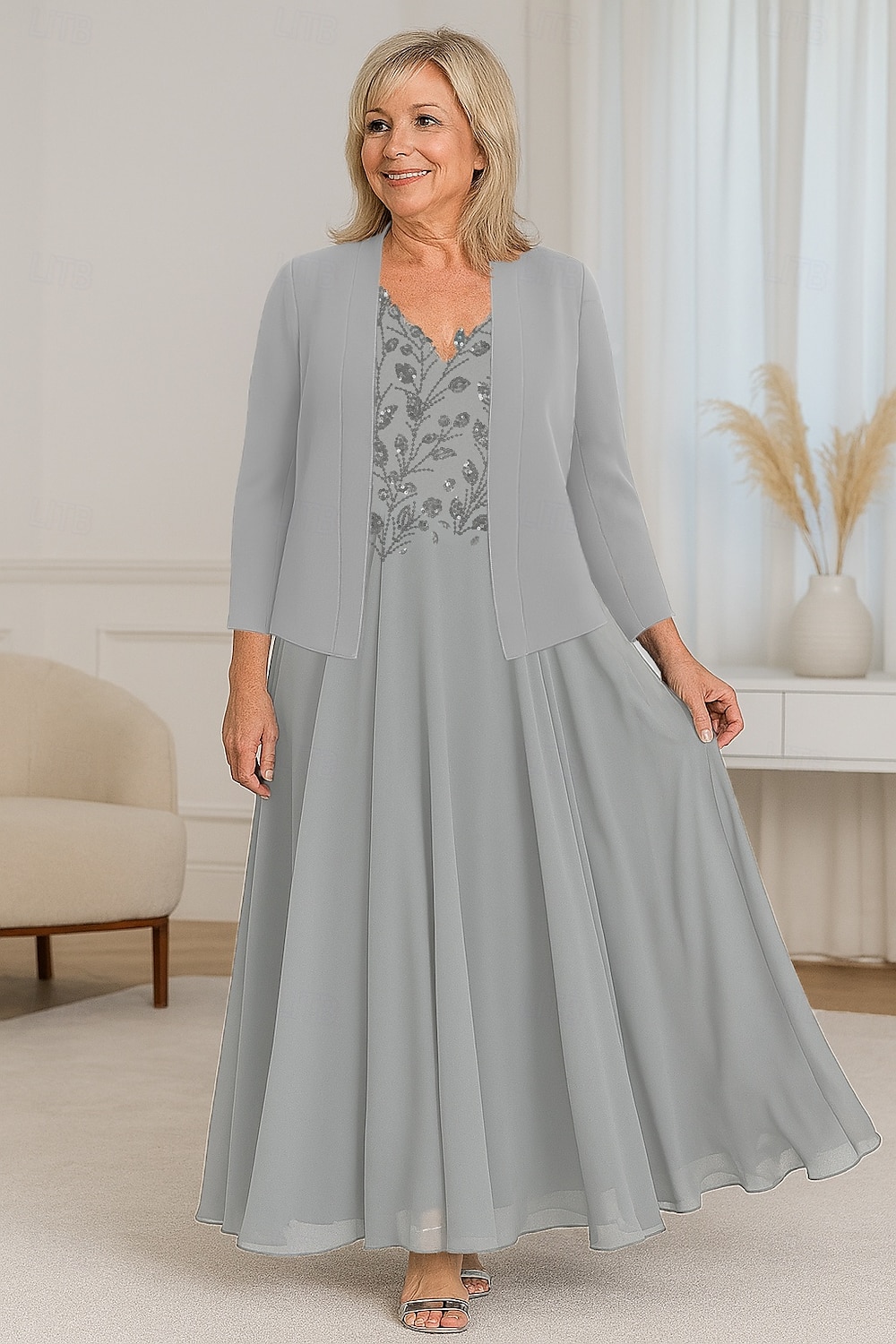 zweiteiliges A-Linien-Kleid mit Perlenspitze für die Mutter der Braut, elegant, schlicht, luxuriös, V-Ausschnitt, bodenlang, Maxilänge, Chiffon, kurze Ärmel, mit Stretch-Krêpe-Jacke 2025 2025 - $155.99 –P1