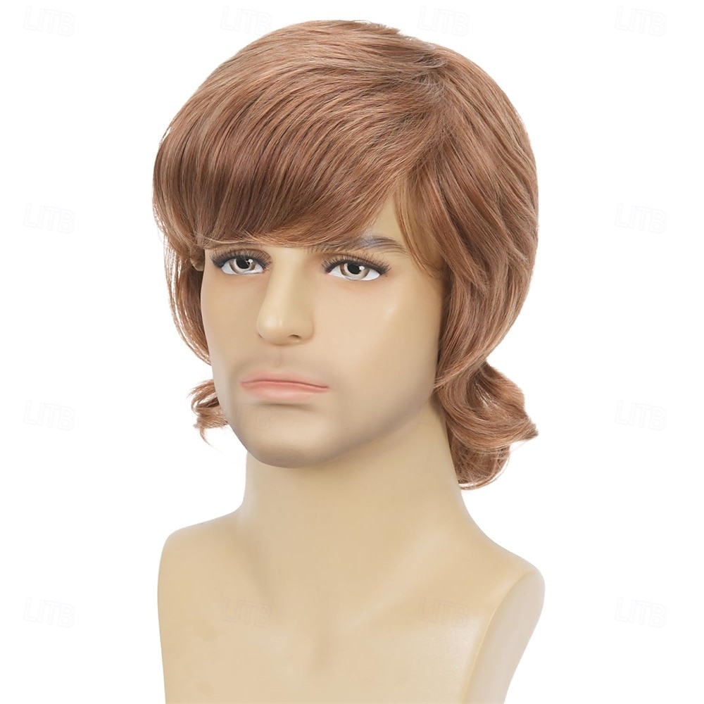 Parrucca da uomo corta e ondulata, castana, stile rocker anni '60/'70, per feste di Halloween e cosplay. del 2025 a $21.99 –P2