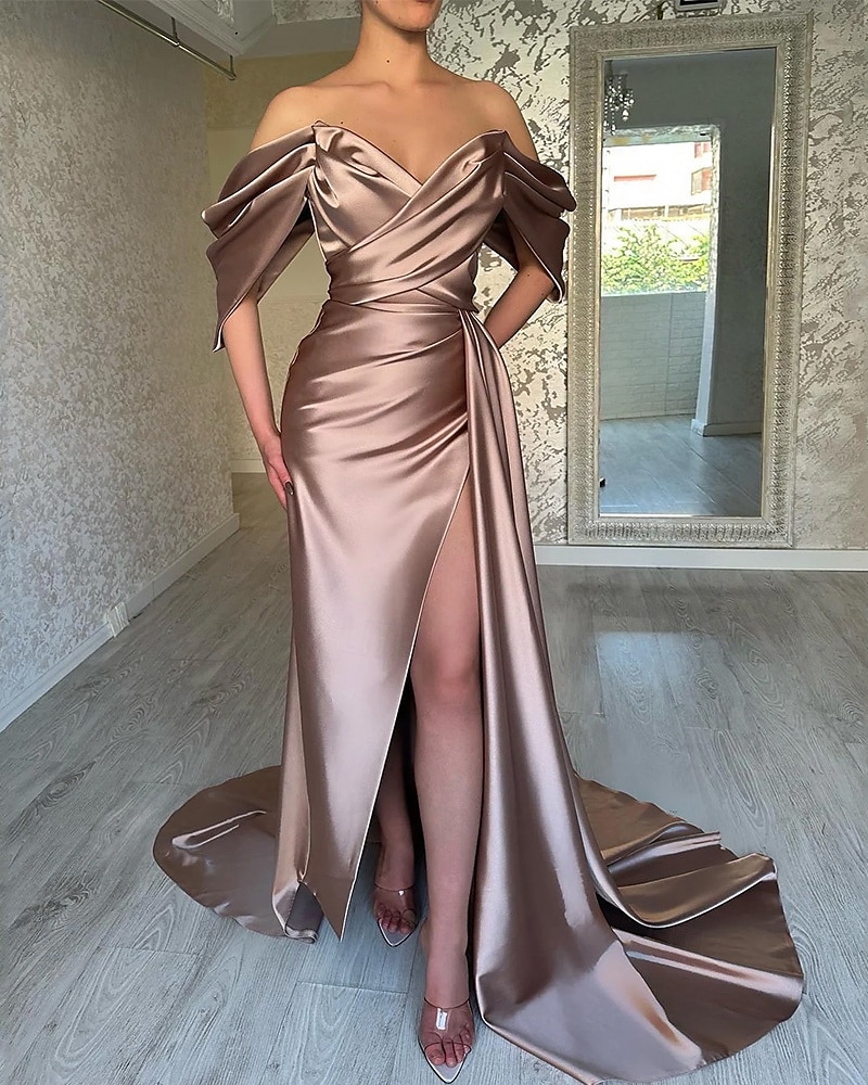 Mermaid / Trumpet Evening Gown Elegant Dress Formal Wedding Court Train Flowy Dress Sleeveless Sweetheart Satin with Pleats Ruched Slit 2025 2025 - $135.99 –P1