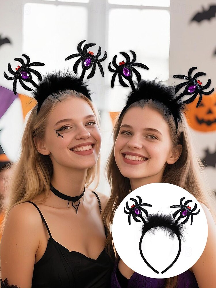 2025年 レディースハロウィンスパイダーヘッドバンド - かわいいグリッターブラックスパイダーデザインと紫の宝石、コスチュームパーティー、コスプレ、お祝いのお祝いに最適な柔らかい伸縮性のあるヘアアクセサリー  コレクション – $7.99 –P1