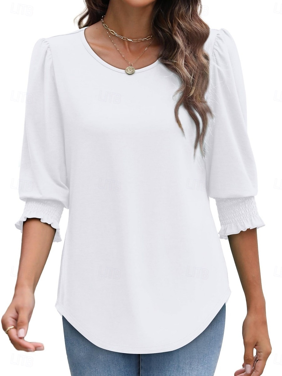 Femmes Chemisier Couleur Unie Élégant Occasionnel Manche 3/4 Col ras du cou Hauts Réguliers Quotidien Noir Blanche Rouge Bleu Été Printemps Automne de 2025 ? $19.99 –P12