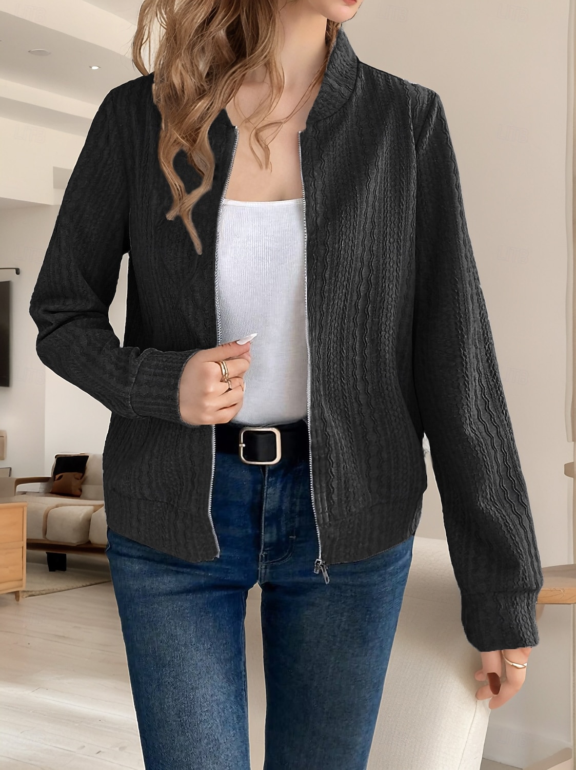 Women's Casual Jacket Comfortable Breathable Full Zip Daily Casual Plain Casual Daily Regular Stand Collar Regular Fit Long Sleeve Outerwear Black Gray Spring Fall 2025 - $21.99 –P5