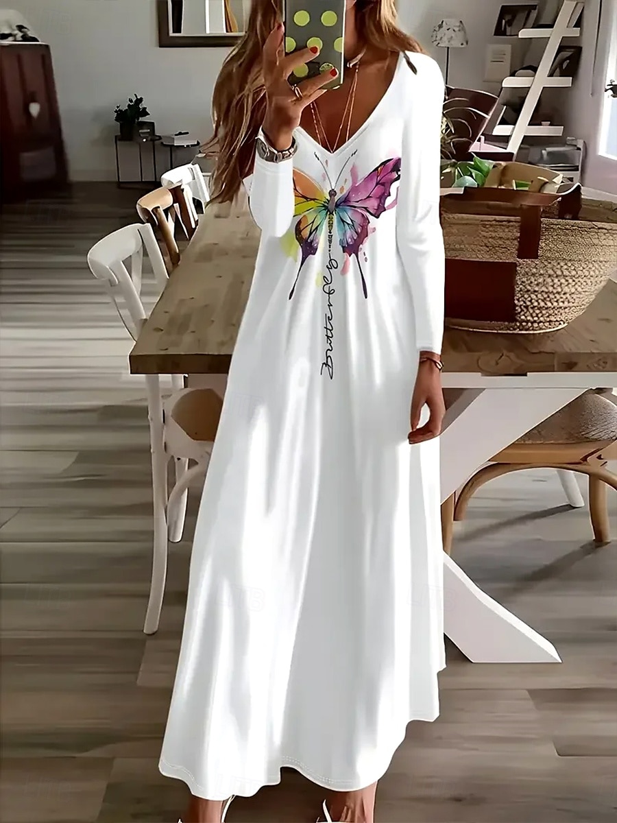 Per donna Abito lungo maxi Abito Bianco Vestito Casual Abito a trapezio Elegante Casual Ferie Vestibilità comoda Grafico Farfalla Manica Lunga Scollo a V Bianco Primavera Autunno Inverno del 2025 a $36.99 –P1