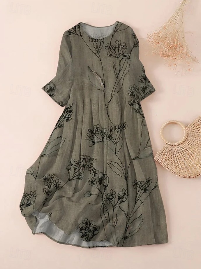 Women's Midi Dress T Shirt Dress Tee Dress A Line Dress Summer Dress Vacation Casual Beach Date Summer Dress Regular Fit Floral Graphic Short Sleeve Crew Neck Dark Brown Black White Light Green 2025 - $26.99 –P5