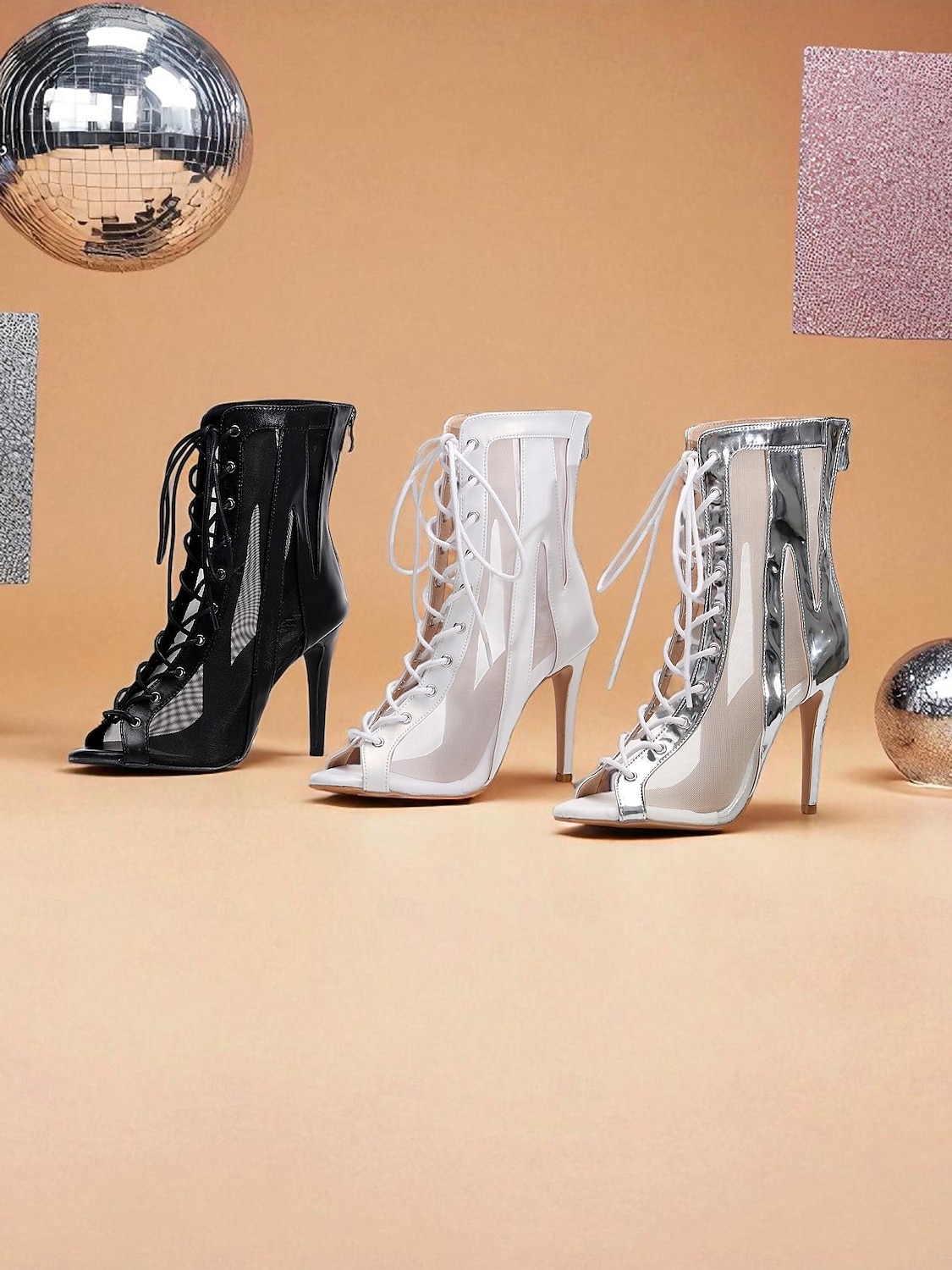 Botas de dança de salto alto com cadarço branco e prata para mulheres - sapatos profissionais de dança de jazz latino com biqueira aberta para palco e festa de 2025 por $59.99 –P1