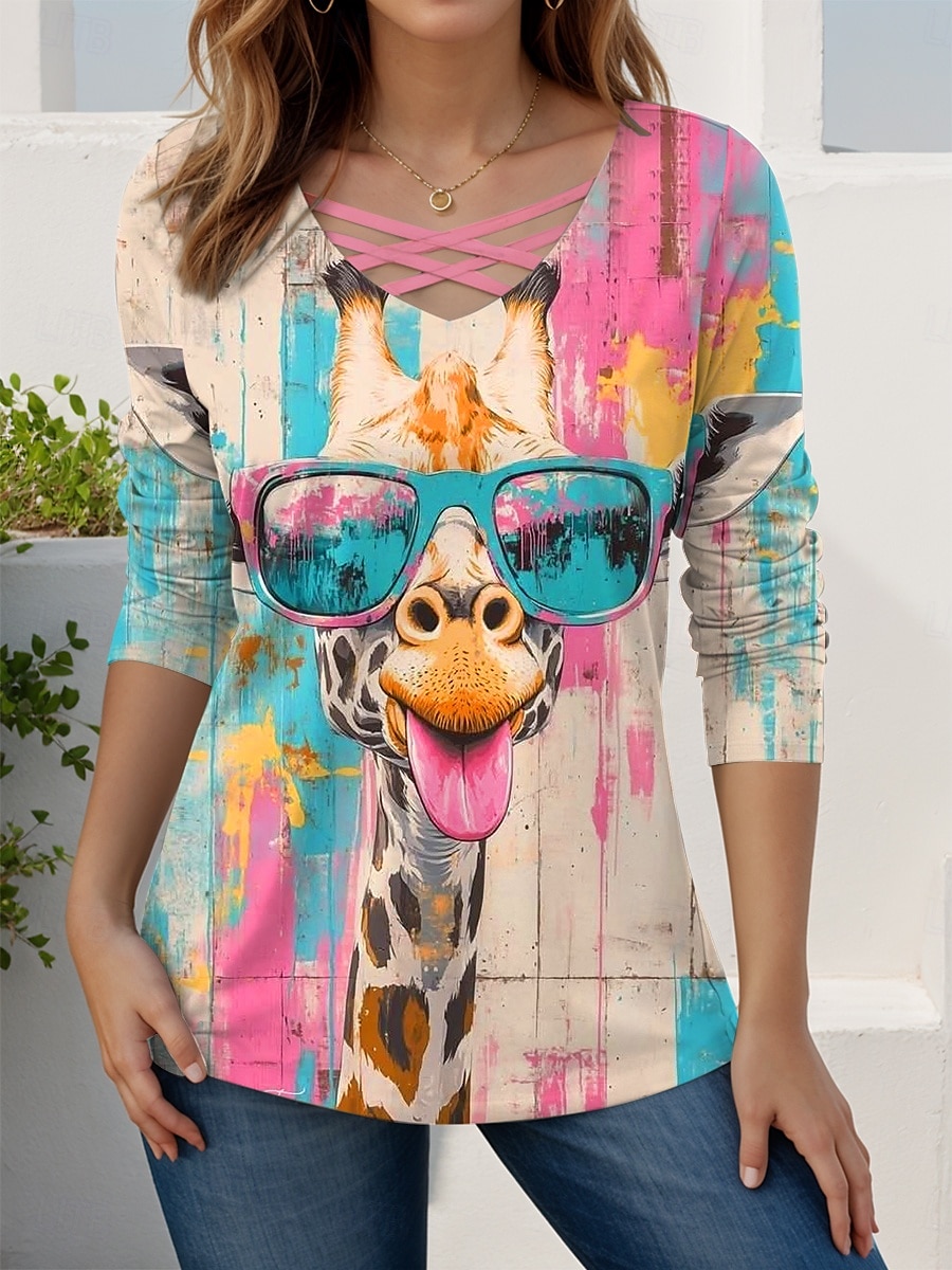 Femmes T-shirt Graphique Animal Girafe ancien Élégant Classique manche longue Col en V Hauts Réguliers Quotidien Découpé Imprimé Rose Claire Bleu Vert Rose Printemps Automne de 2025 ? $22.99 –P1