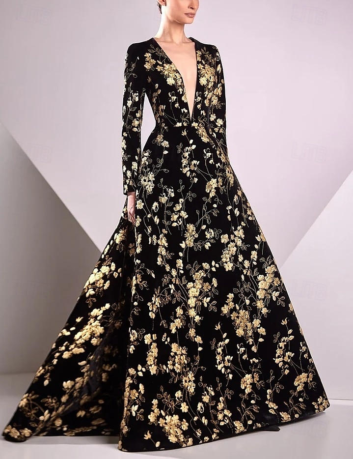 Abito da sera elegante con stampa floreale in oro e cravatta nera, a trapezio, lungo fino al pavimento, manica lunga, scollo a V, tasca in nylon 2025 del 2025 a $165.99 –P1
