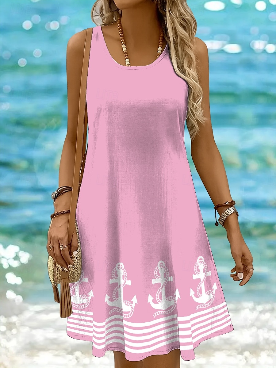 Dame Mini kjole Solkjole Kjole med A-linje Off The Shoulder-kjole Ferie Fritid Bohem Ferie Strand Normal Grafisk Geometrisk Stripe Ermeløs Crew-hals Øsehals Svart Hvit Gul Rosa Sommer Vår 2025 - $21.99 –P11