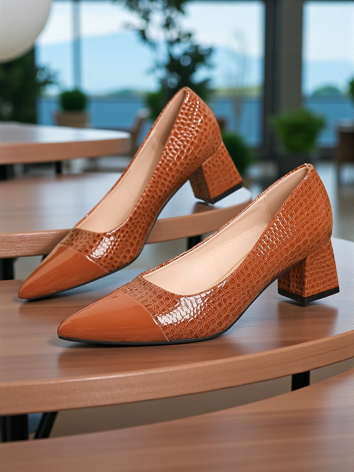 Marineblaue Pumps aus Lackleder mit Blockabsatz für Damen – elegante Schuhe mit Krokodilprägung und spitzer Spitze fürs Büro, Partys und formelle Anlässe 2025 - $42.99 –P5