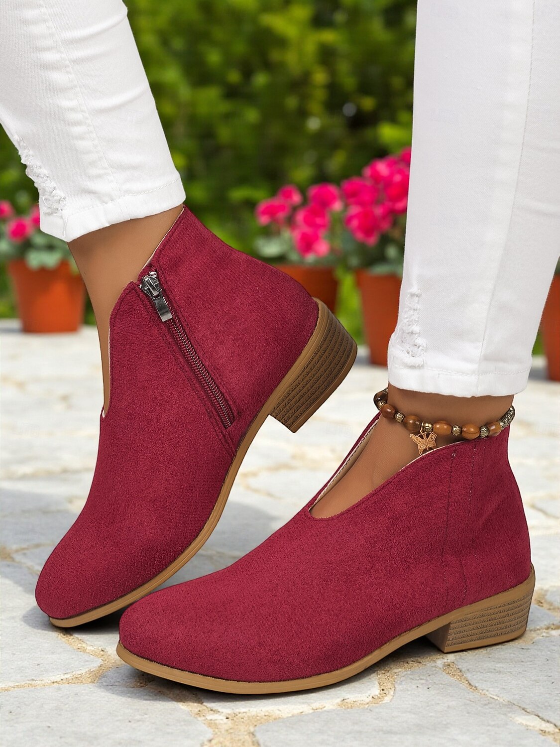 Bottines en similicuir rouge pour femme avec fermeture éclair latérale – style décontracté et élégant pour les garden-parties, les promenades au parc et au quotidien de 2025 ? $26.99 –P2