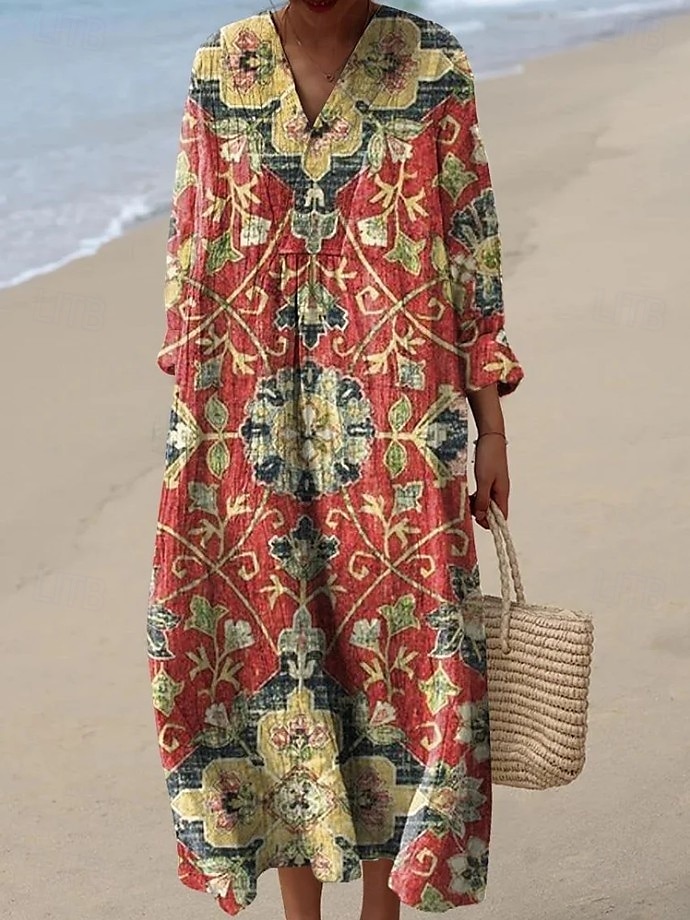 Pentru femei Rochie Maxi Rochie de Vară Rochie A line Vacanță Casual Ieșire Potrivire Largă Floral Grafic Imprimeu Paisley Manșon Lung În V Roz Deschis Negru Roz Închis Portocaliu Vară Primăvar 2025 - $35.99 –P1