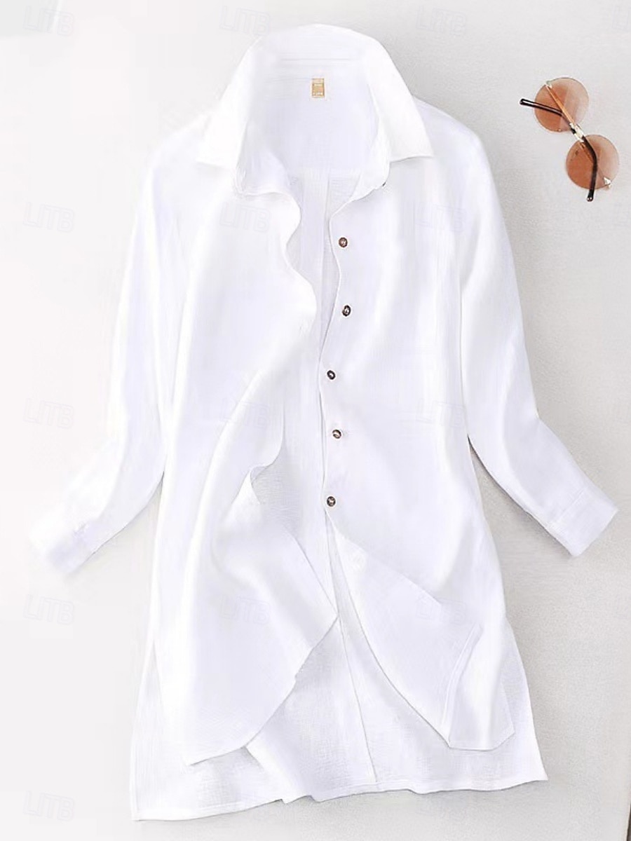 Femmes Chemises en coton et lin Couleur Unie Élégant Basique Occasionnel manche longue Col de chemise Hauts Longs Quotidien Boutons Blanche Vert Véronèse Kaki Été Automne de 2025 ? $23.99 –P3