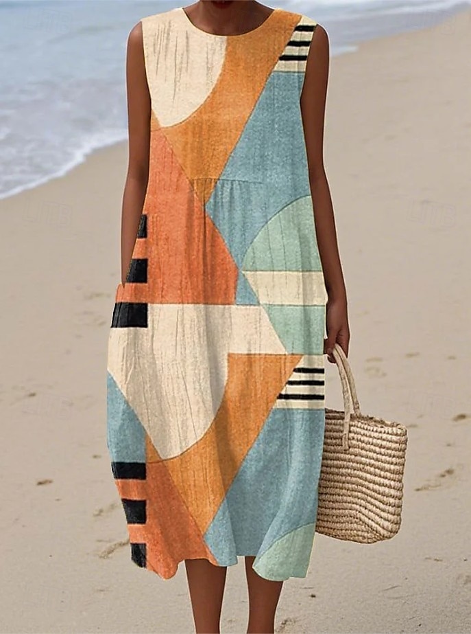 Dames Halflange jurk Zonnejurk Vakantie Casual Boho Feest Strand Ruim Passend Geometrisch Mouwloos Ronde hals Blozend Roze Rood blauw Oranje Zomer Lente 2025 - $35.99 –P6
