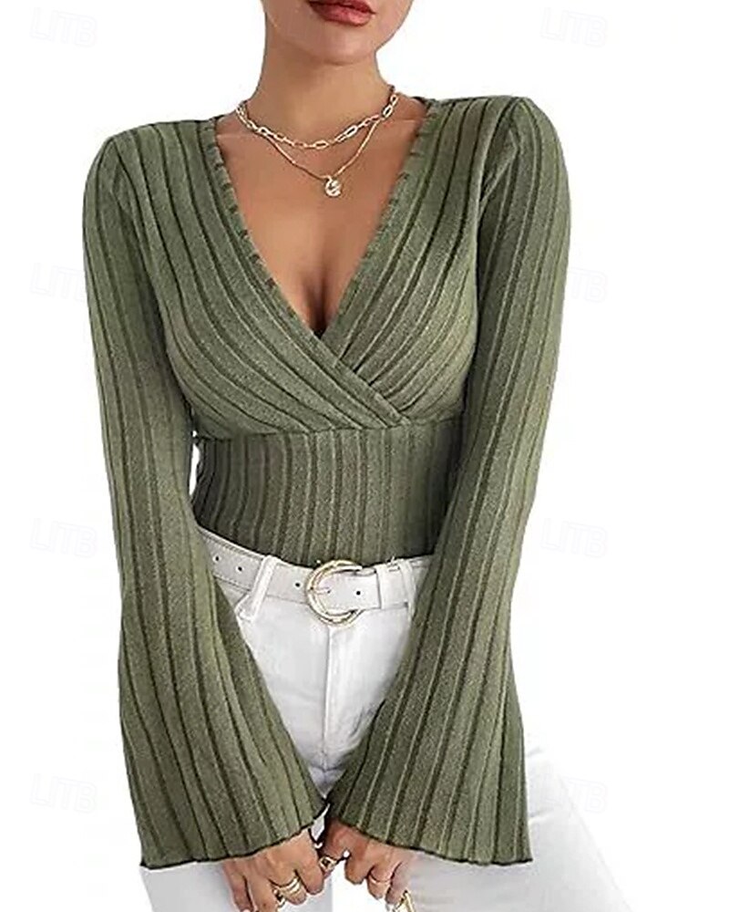 Damen T Shirt Einfach Mode Modern Langarm V Ausschnitt Normale Oberteile Täglich Tunika Schwarz Armeegrün Grau Sommer 2025 - $18.49 –P3