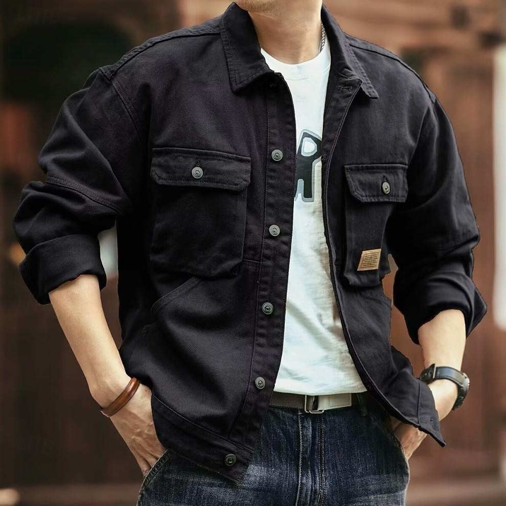 Homme Veste Légère Veste en Jean Formel Maison Coupe-Vent Avec Poches Printemps Automne Hiver Couleur Unie Actif ancien Col Rabattu Régulier Noir Vert foncé Marron Café foncé Veste de 2025 ? $39.99 –P2
