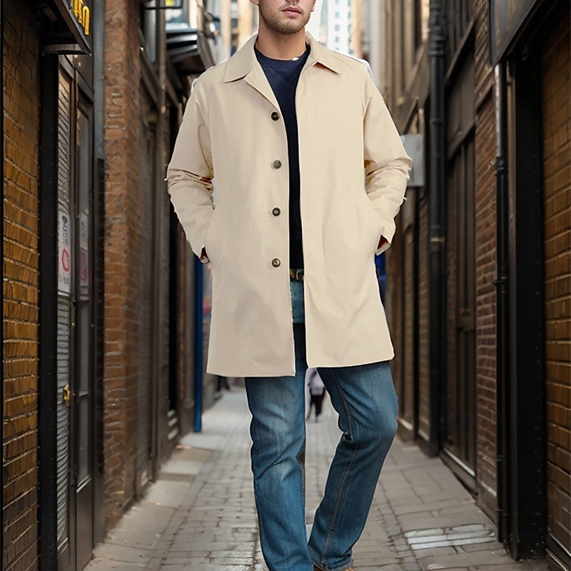 Men's Overcoat Trench Coat Long Trench Coat Vacation Daily Fall Winter Polyester Windproof Soft Outerwear Clothing Apparel Fashion Classic Plain Pocket Lapel Single Breasted 2025 - $48.99 –P5