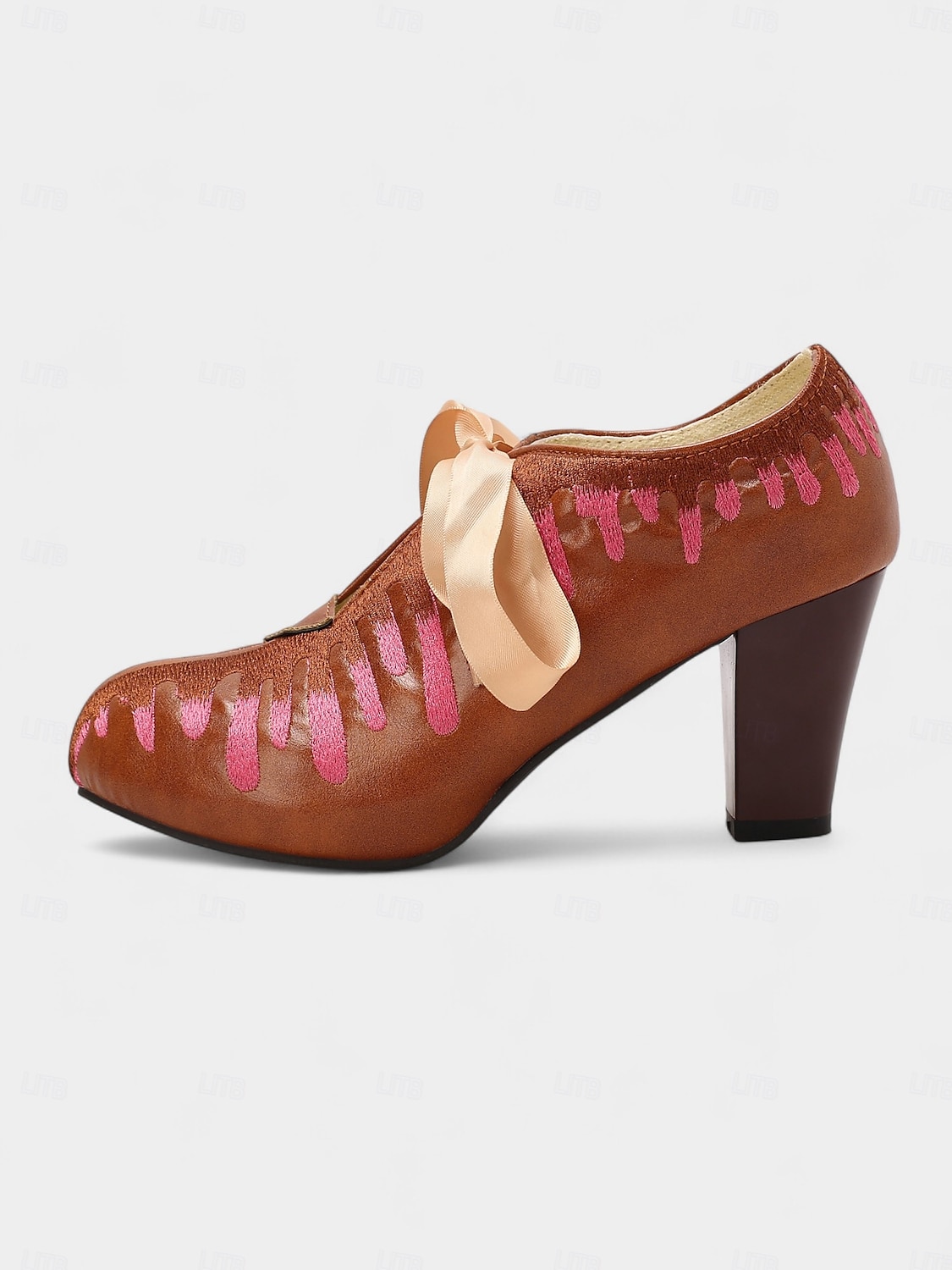 Chaussures à talons marron pour femmes avec broderie goutte rose - Escarpins de fête à lacets vintage avec ruban, parfaits pour le cosplay, les festivals d'automne et les événements costumés de 2025 ? $46.99 –P2