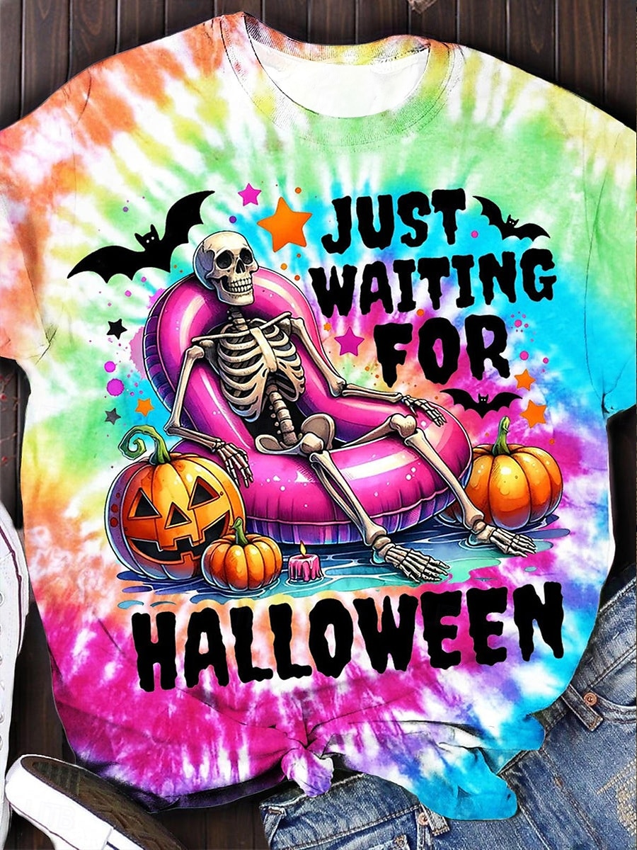 Halloween Dame T skjorte Grafisk Hodeskaller Årgang Stilfull Fritid Kortermet Crew-hals Vanlige topper Daglig Helg Trykt mønster Gul Oransje Rose Rosa Sommer Høst 2025 - $19.99 –P1