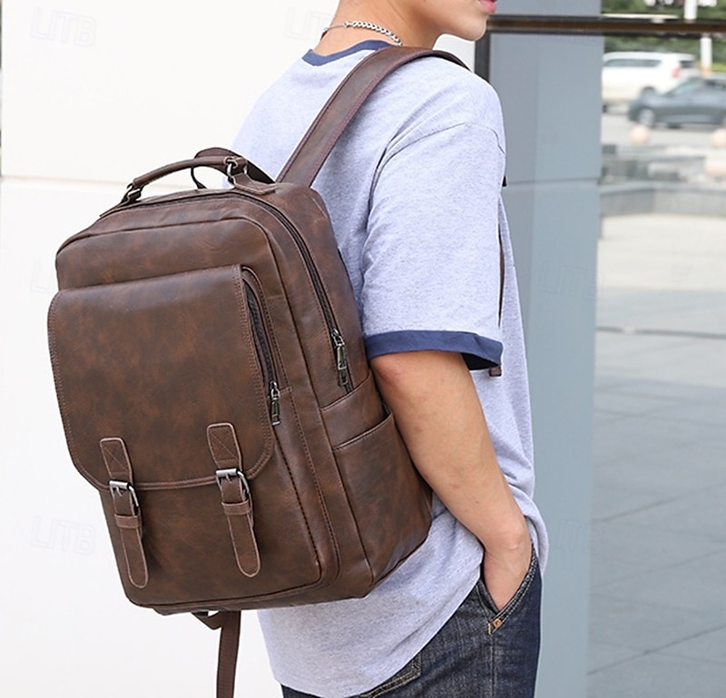 Herren-Rucksack aus Vintage-Kunstleder – Business- und Reisetasche mit großem Fassungsvermögen, Schnallenriemen und Laptopfach 2025 - $34.99 –P1