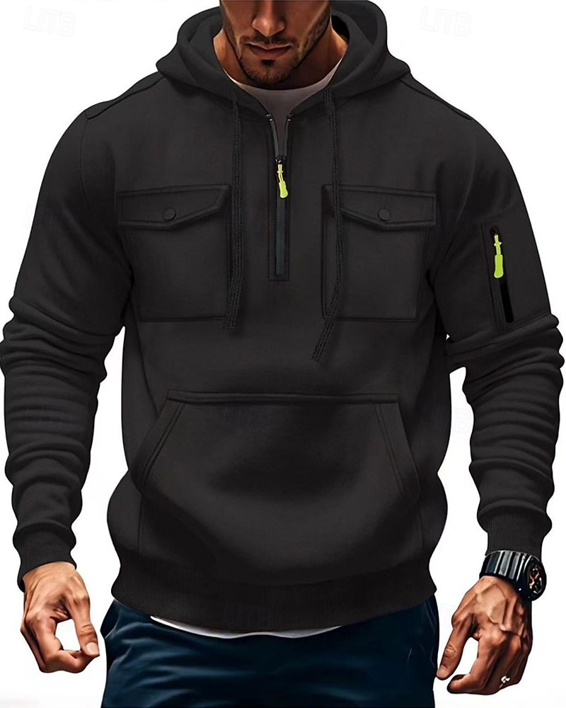 Herren Kapuzensweatshirt Viertelreißverschluss Kapuzensweatshirt Schwarz Armeegrün Marineblau Khaki Hellgrau Mit Kapuze Einfach Tasche Kordelzug Sport & Outdoor Täglich Ferien Polyester Streetwear 2025 - $23.99 –P1