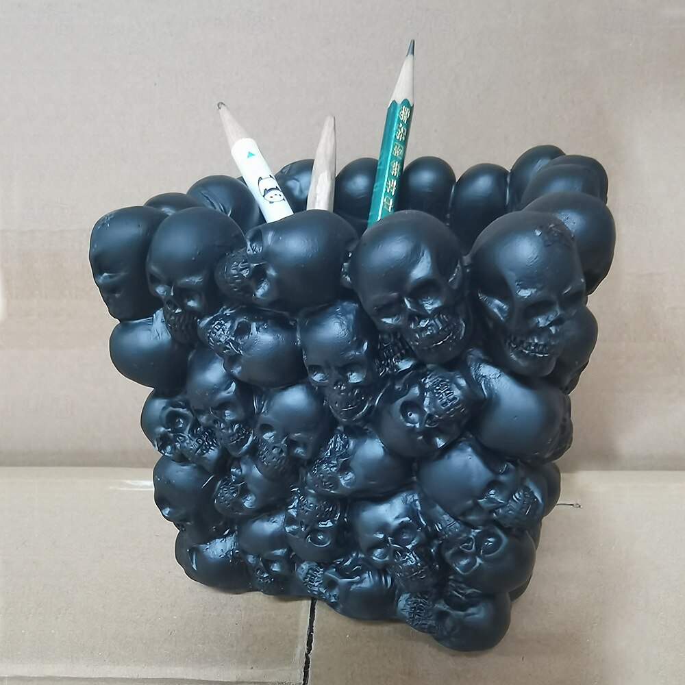 Halloween Skull Ornament Square Skeleton Head Pen Holder Desktop Organizer Resin Mini Flower Pot Gothic Style Decorative Home Accessory for Office or Study Desk Display 2025 - $19.49 –P4