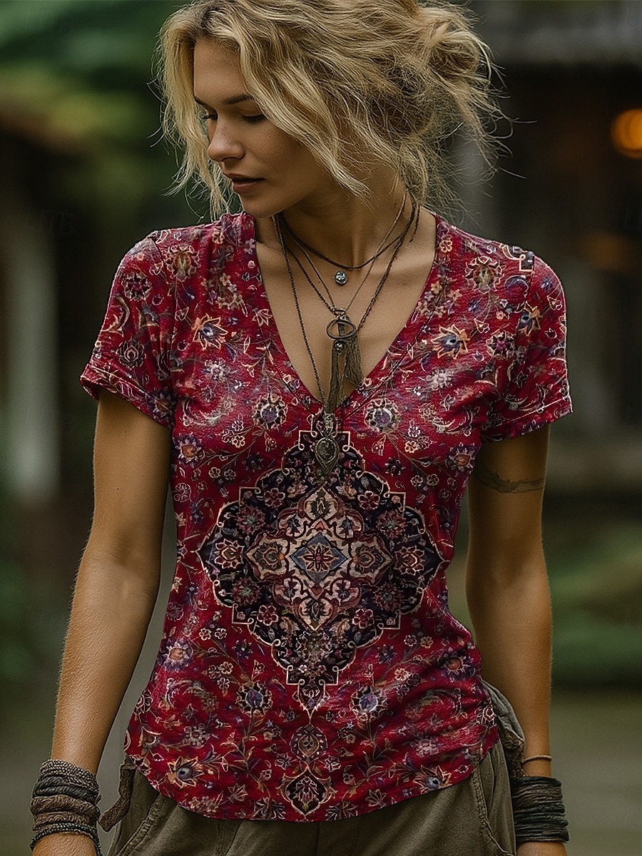 Femmes T-shirt Fleuri Graphique Paisley Bohème ancien Élégant Manche Courte Col en V Hauts Réguliers Quotidien Sortir Week-end Imprimé Noir Rouge Bleu Orange Gris Été Printemps de 2025 ? $21.99 –P1