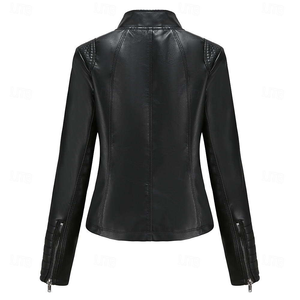 Dames Jas van imitatieleer Comfortabel Zak Volledige ritssluiting Modieus Street Style Effen Buiten Casual / Dagelijks Normaal Opstaand Normale pasvorm Lange mouw bovenkleding Zwart Rood Kameel Lente 2025 - $41.99 –P10