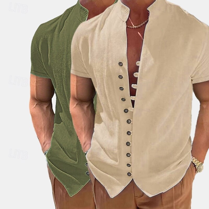 Homme Chemise en lin Chemise d'été Tenue de plage Chemise Boutonnée Uni Vacances Croisière Blanc + kaki Kaki + Noir Vert + Kaki Noir + blanc Manche Courte Col montant Été Printemps & Été Vêtement de 2026 ? $29.99 –P9